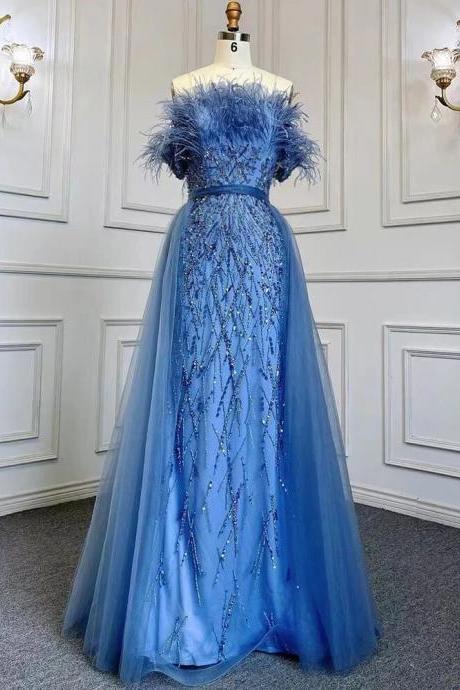 Luxury Beaded Blue Mermaid Elegant Overskirt Evening Dresses Gowns For Women Wedding Party