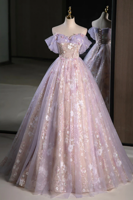 A Line Off Shoulder Tulle Lace Purple Long Prom Dress, Purple Formal Dress