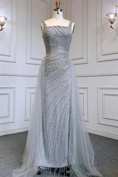 Sexy Silver Mermaid Detachable Skirt Beaded Luxury Arabic Evening Dresses Gowns For Women Party