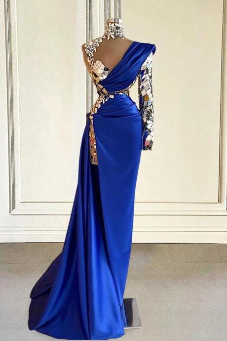 Single Long Sleeve Evening Dresses Sparkly Crystals High Neck Royal Blue Side Slit Sexy Formal Party Gowns