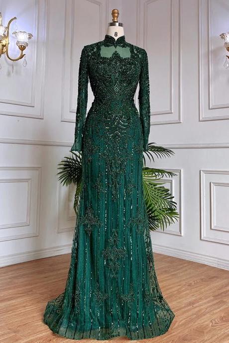 Green Mermaid Lace Beaded Crystal Luxury Evening Dresses Gowns For Women Wedding Party