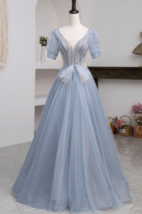 Blue Short Sleeve Tulle Floor Length Prom Dress With Beaded, Blue A Line Evening Dress