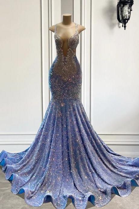 Sparkly Silver Crystals Luxury Diamond Light Blue Velvet Sequined Long Prom Dresses