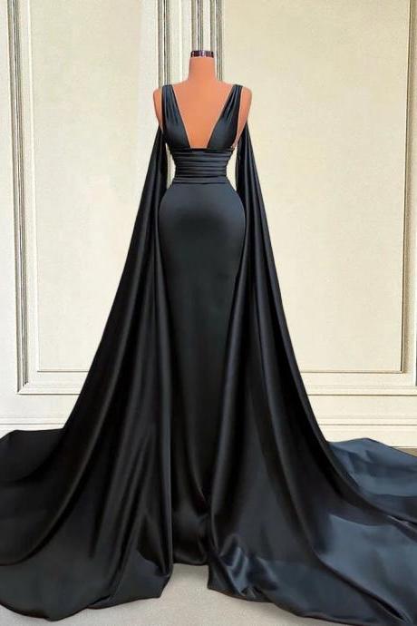 Black Evening Dresses Long Satin V-neck Sleeveless With Shawl Saudi Arabia Dubai Women Formal Evening Gowns Plus Size