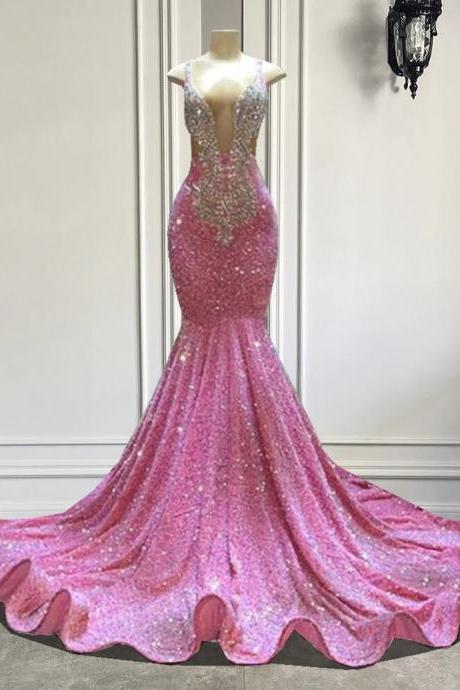 Sexy Mermaid Sparkly Pink Sequin Black Girls Crystals Prom Gala Party Gowns For Birthday