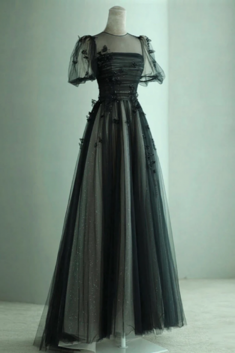 A Line Black Puff Sleeves Tulle Long Prom Dress, Black Formal Evening Dress