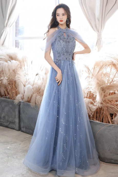 A Line Off Shoulder Tulle Blue Long Prom Dress, Blue Lace Long Formal Dress