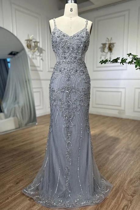 Arabic Grey Mermaid Sexy Spaghetti Straps Elegant Evening Dresses Gowns Luxury Beaded For Woman Party
