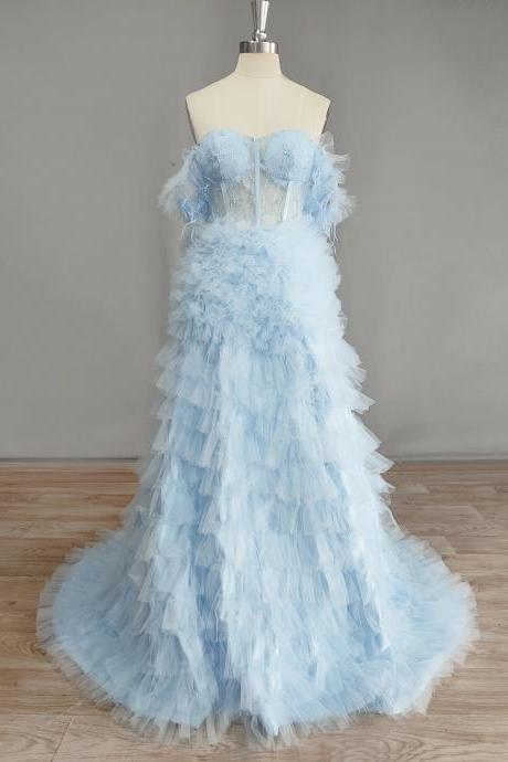 Lace Off Shoulder Feather Prom Dress Sweetheart Tulle High Side Split A-line Tiered Princess Evening Gown