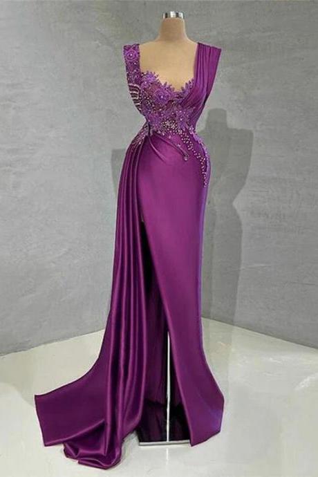 V-neck Satin Applique Beaded Mermaid Prom Dresses Side Split Sleeveless Evening Dresses For Women
