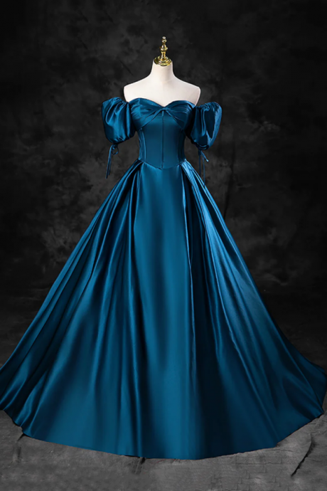 Blue Off The Shoulder Satin Floor Length Prom Dress With Corset, Blue Evening Party Dress