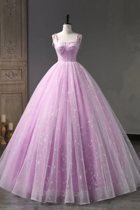 Pink A Line Tulle Long Prom Dress, Pink Formal Sweet 16 Dress