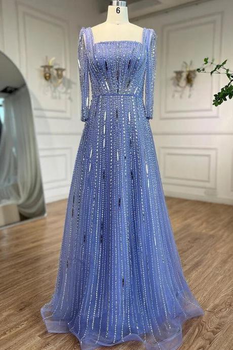 Lilac A Line Square Collar Beaded Luxury Dubai Evening Dresses Gowns For Women Wedding Party