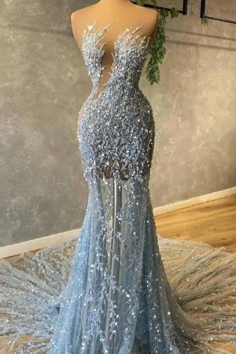 Luxury Beads Sequins Evening Dresses Light Sky Blue Illusion Women Formal Pageant Gowns Mermaid Long Celebrity Wedding Party Rob