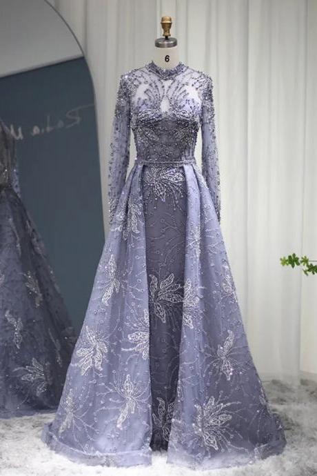 Luxury Blue Muslim Evening Dress With Overskirt Long Sleeve Burgundy Elegant Dubai Arabic Formal Dresses For Wedding