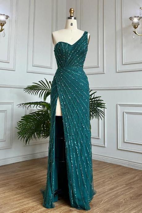 Arabic Green Elegant Mermaid Sexy High Split Beaded Long Evening Dresses Gowns For Women Party