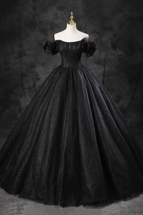 Black Tulle Floor Length A Line Prom Dress, Off The Shoulder Evening Party Dress