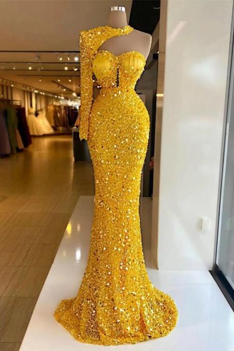 Luxury Gold Mermaid Evening Gowns Sequined Beaded Women Prom Dress With Long Sleeves Party