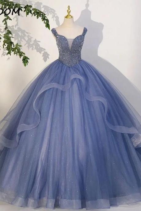 Luxury Gray Blue Ball Gown Formal Occasion Quinceanera Dresses Beads 15 Year Old Girl Dress Party Gowns
