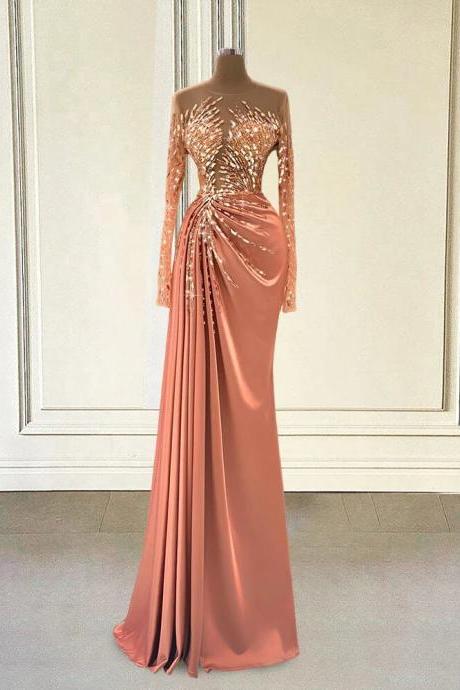 Luxury Women Formal Prom Dresses Long Mermaid Glitter Beaded With Full Sleeves Evening Gowns For Graduation Party