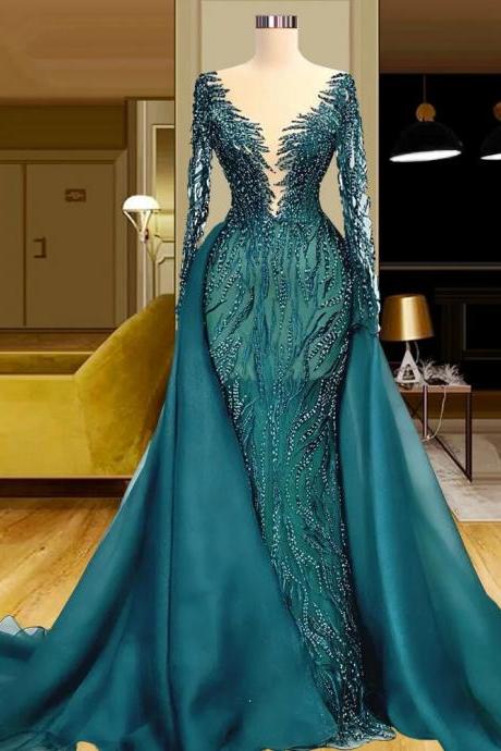 Hunter Green Luxurious Prom Gowns Lace Sequined Illusion Evening Dresses Custom Made With Overskirts Party Dresses