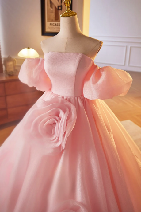Pink A Line Sweetheart Ball Gown Formal Dress With Flowers, Off The Shoulder Evening Party Dress