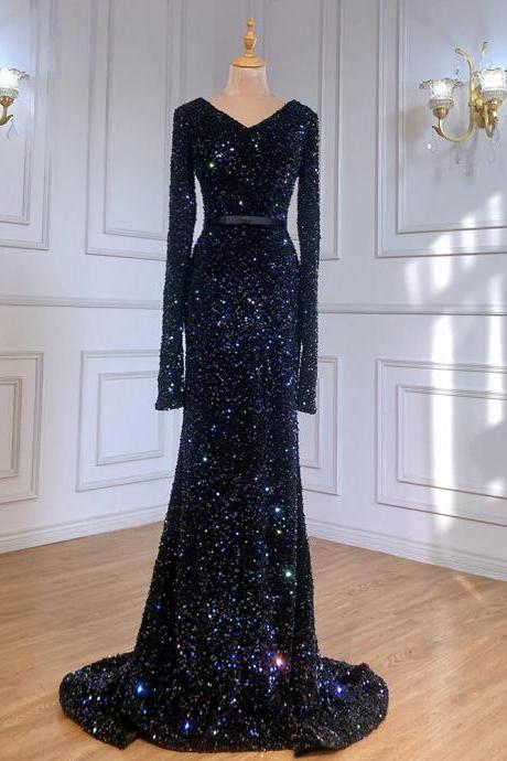 Black Sequin Mermaid Evening Dresses Gowns Elegant Sparkle Luxury For Women Party