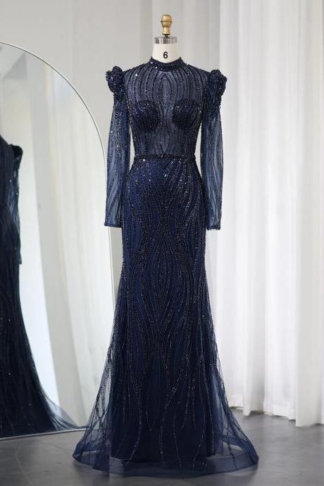 Elegant Mermaid Navy Blue Evening Dress For Women Wedding Emerald Green Long Sleeves Formal Party Gowns