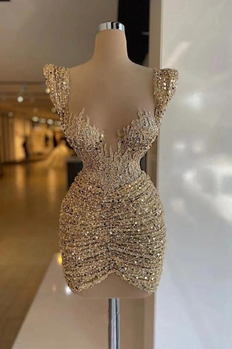 Sexy Mini Gold Cocktail Dresses Sequined Applique Short Prom Gowns For Women Party Wear