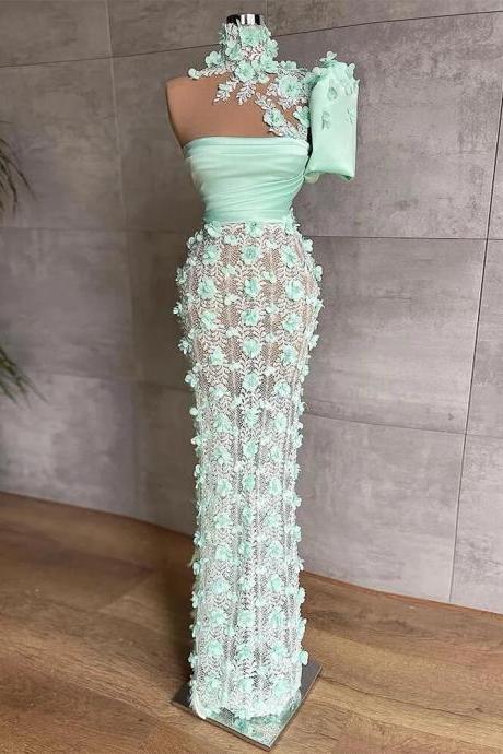 Gorgeous Mint Green Single Sleeve High Collar Handmade 3d Flower Formal Occasion Dresses Mermaid Tulle Beaded Dubai Prom Dress