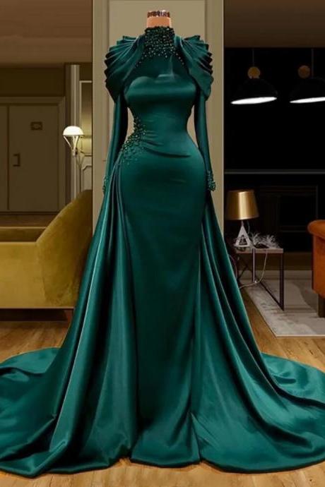 Emerald Green Muslim Long Sleeves Evening Dresses Mermaid High Neck Detachable Beaded Satin Plus Size Women Formal Prom Gowns