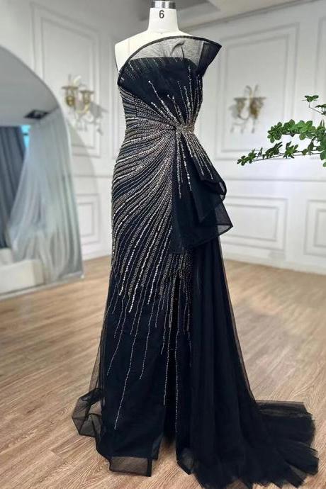 Dubai Black Beaded Mermaid High Split Evening Gowns Prom Dresses For Women Wedding Party