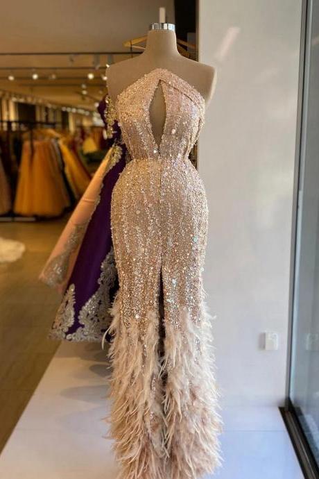 Luxury Beaded Ball Dress Strapless Feather Celebration Party Dress Plus Size Mermaid Evening Dress Customization