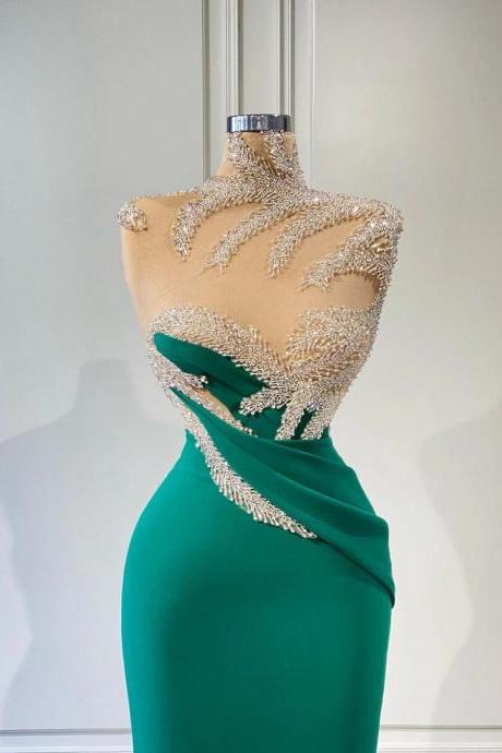 Elegant Green Crystals Prom Dresses High Neck See Thru Floor Length Long Evening Dressing Gowns Arabic Pageant Gown