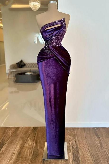 Luxury Purple Velvet Prom Dress Beaded Velour Pageant Party Dress Custom Made Asymmetric Mermaid Evening Gown