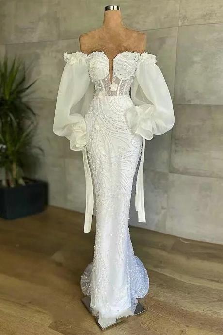 Women&amp;#039;s White Off Shoulder Bra 3d Flower Sequins Long Sleeve Luxury Evening Dress Princess Dress Customizable In Large