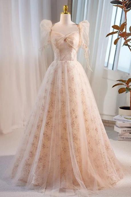 Evening Dress Champagne Square Collar Luxurious Lace Up Floor-length Short Sleeves A-line Tulle Party Formal Dresses Woman