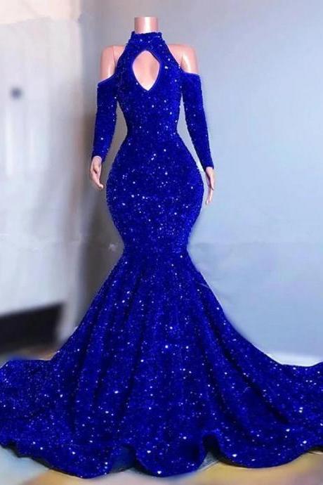 Dubai Luxury Royal Blue Sequined Women Evening Dresses Cut Out Mermaid Robe De Soiree Prom Gowns Wedding Party Formal Occasion