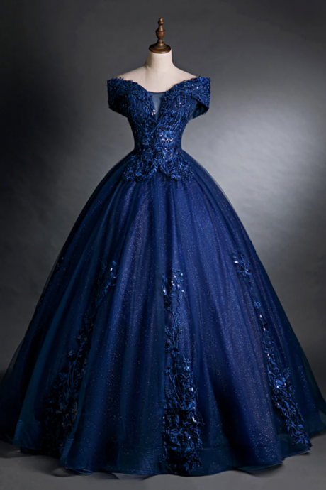 Blue Tulle Lace Long A Line Ball Gown, Off The Shoulder Evening Party Dress