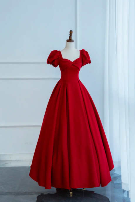 Dark Red Short Sleeve Long Prom Dress, Beautiful A Line Evening Party Dress