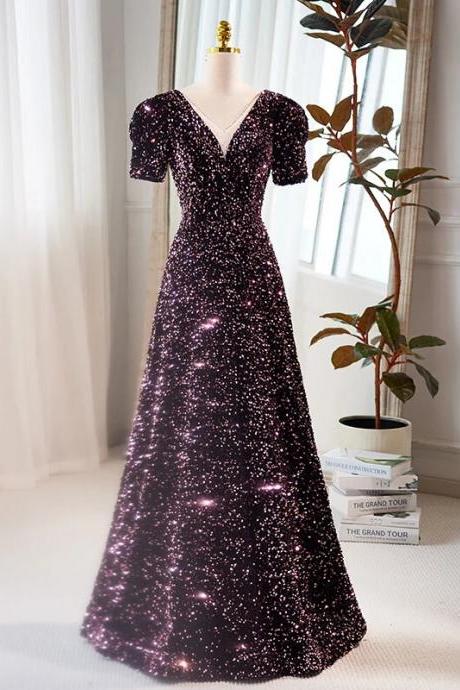 Evening Dress Purple V-neck Lace Up Floor-length Half Sleeves Pleat A-line Sequinsn Elegant Party Formal Dresses Woman
