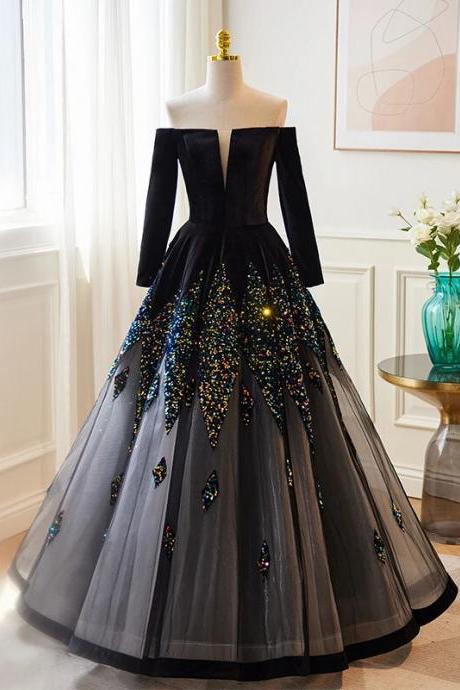 Evening Dress Sequins Appliques A-line Boat Neck Floor-length Lace Up Black Full Sleeves Tulle Party Formal Dresses Woman