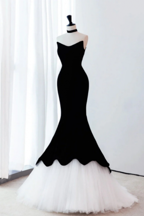 Black/white Velvet Mermaid Long Prom Dress, Black Formal Evening Dress