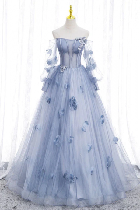 Off The Shoulder Blue Tulle Prom Dress With Flowers, Princess Quinceanera
