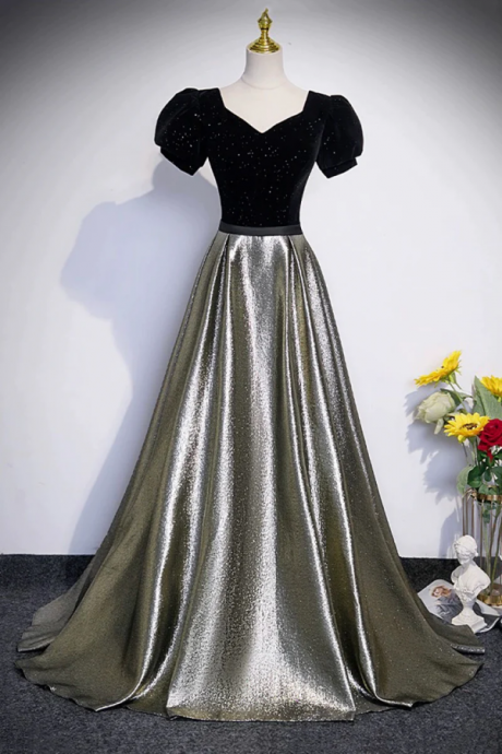 Black Velvet And Shiny Satin Long Prom Dress, Beautiful A Line Evening Party Dress