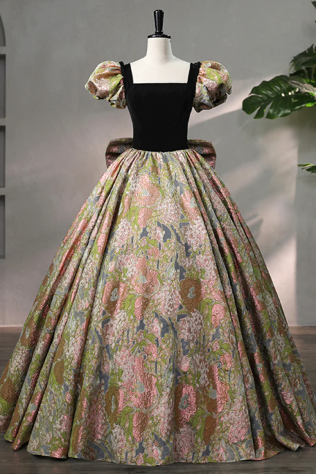 Elegant Black Puffy Short Sleeve Floor Length Prom Dress, A Line Floral Pattern Evening Dress