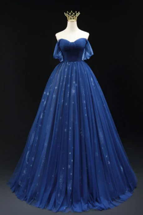 A Line Off Shoulder Sweetheart Neck Dark Blue Long Prom Dress, Blue Formal Dress