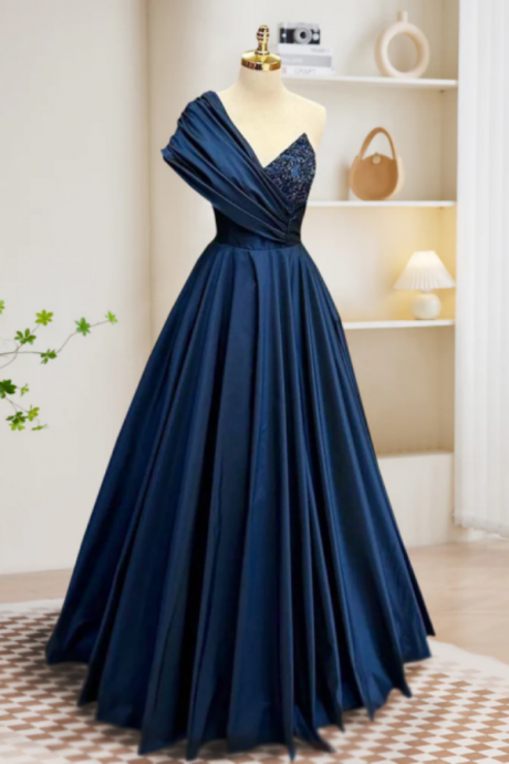 A Line One Shoulder Satin Beads Dark Blue Long Prom Dress, Blue Long Evening Dress