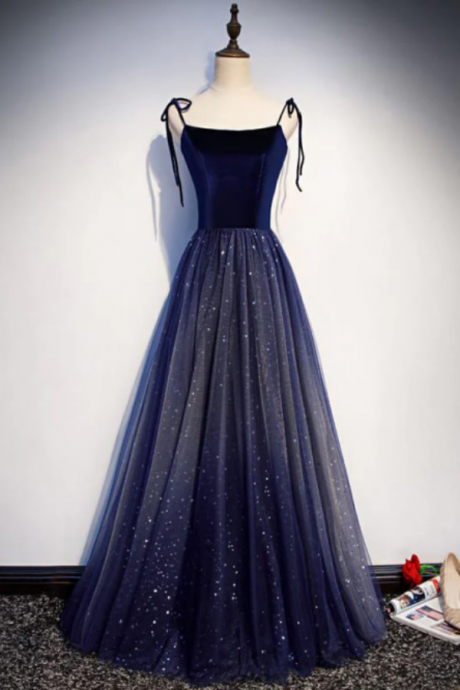 Dark Blue Starry Prom Dresses Spaghetti Strap Long Evening Dress