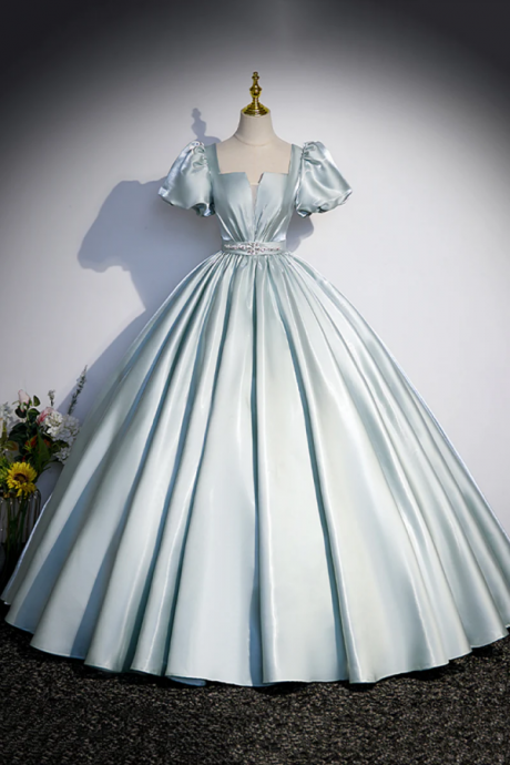 Cute Satin Floor Length Prom Dress, A Line Short Sleeve Evening Party Dress